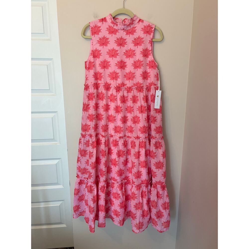 J. Marie NEW Pink Ellie Floral Ruffle High Neck Tiered Midi Dress Size Small